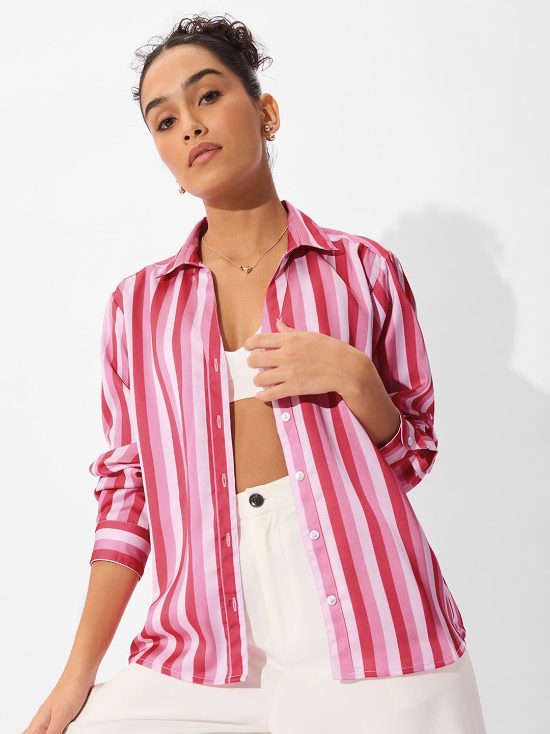 

The Souled Store Women Opaque Striped Casual Shirt, Rose