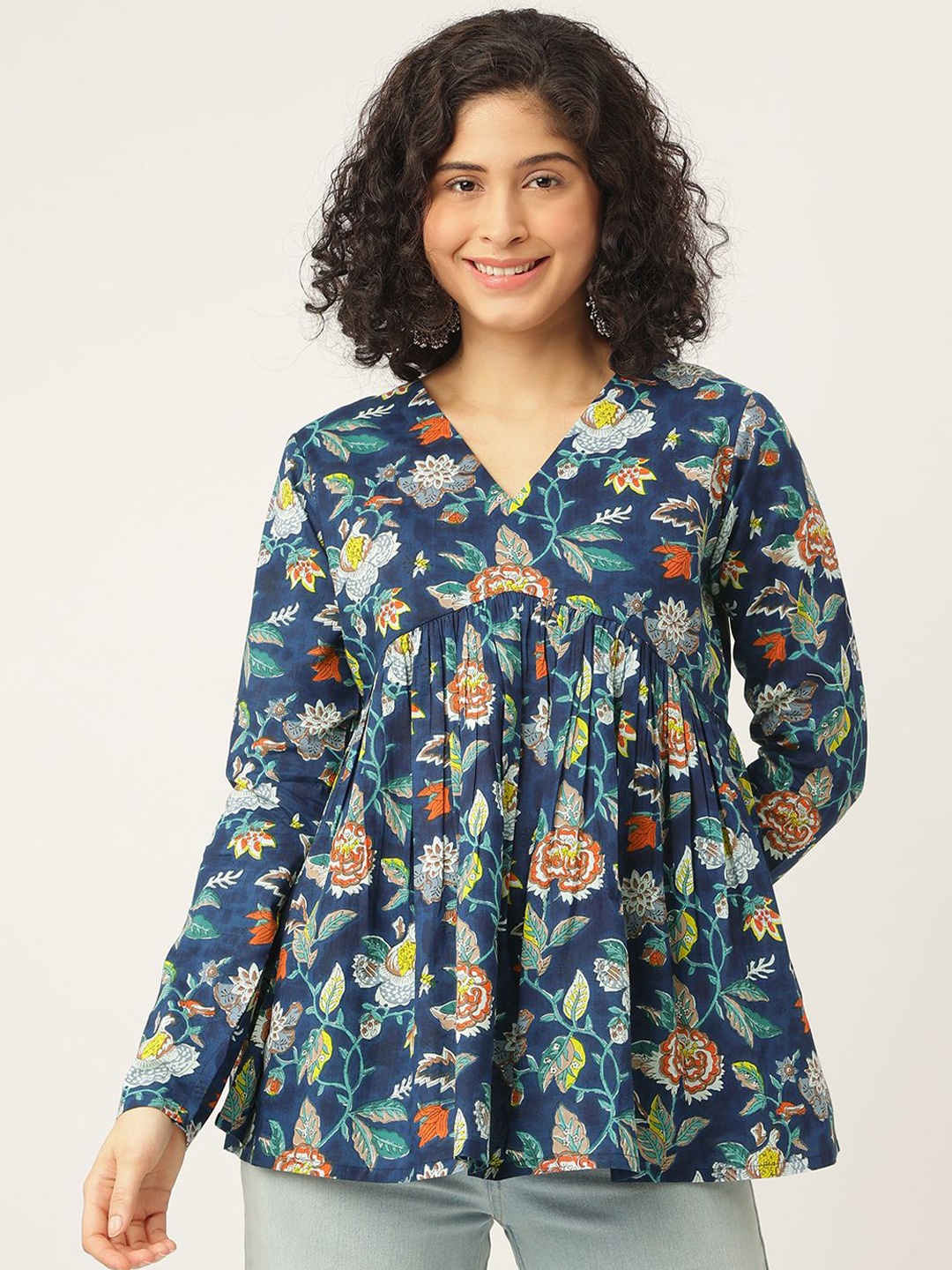 

SPARSA Floral Print Extended Sleeves Cotton Peplum Top, Blue