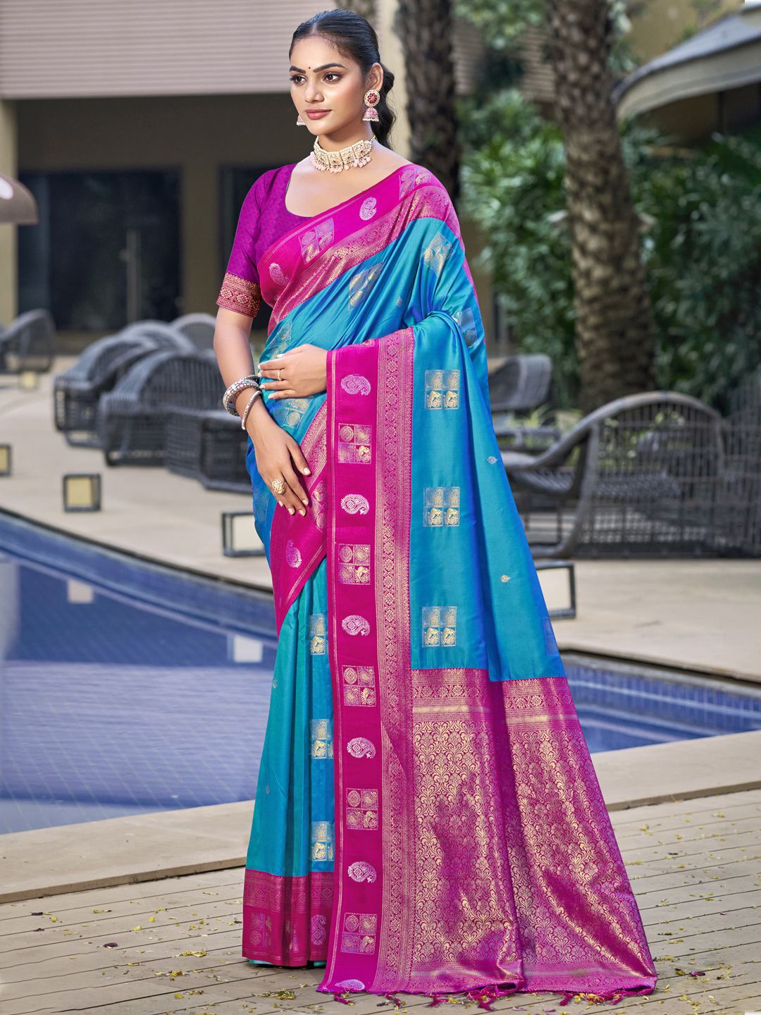 

SANGAM PRINTS Woven Design Zari Handloom Tussar Saree, Turquoise blue