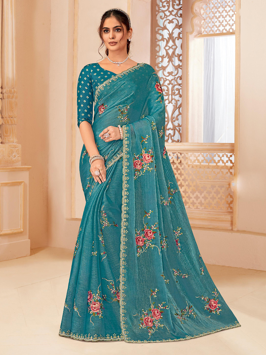 

Laxmipati Floral Embroidered Saree, Blue