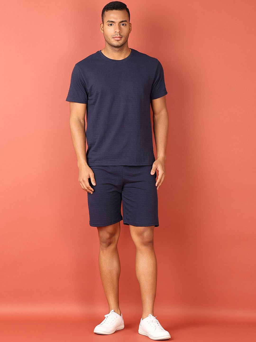 

V-Mart Self Design Round Neck Pure Cotton T-shirt & Shorts, Navy blue