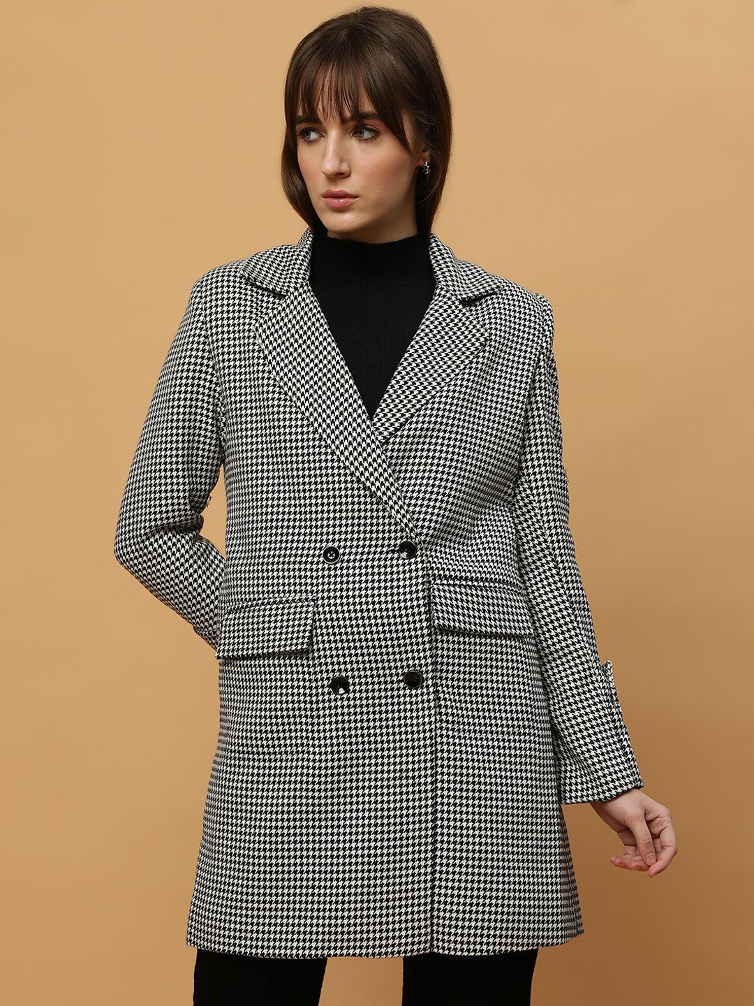 

Beatnik Checked Double-Breasted Longline Coat, Black