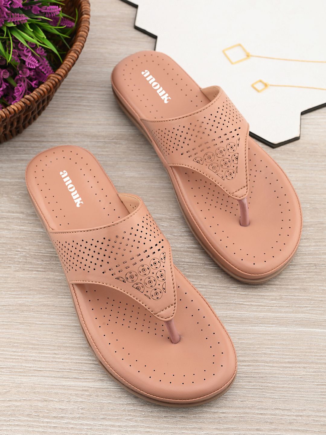 

Anouk Women T-Strap Flats with Laser Cuts, Pink