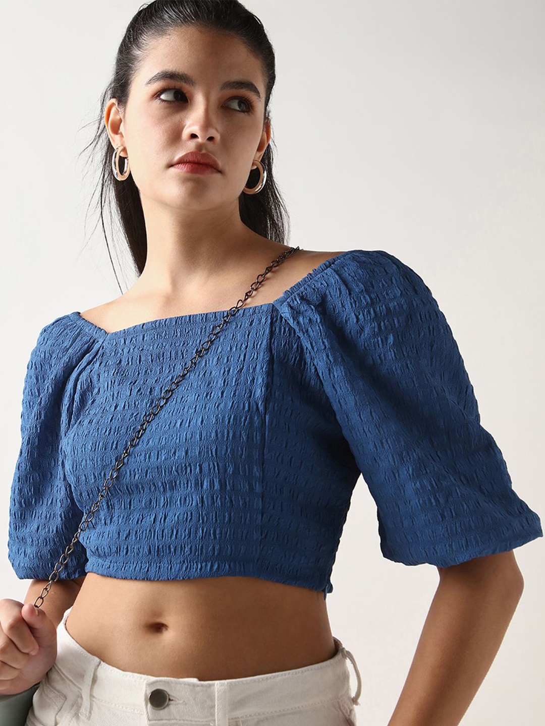 

Bewakoof Women's Blue Textured Short Top