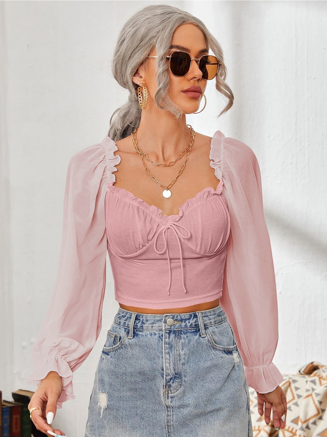 

StyleCast x Revolte Women Sweetheart Neck Puff Sleeve Ruffles Fitted Crop Top, Pink