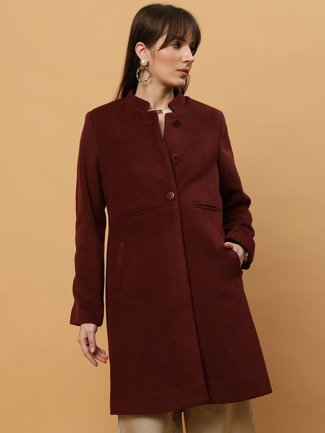 

Beatnik Stand Collar Longline Overcoat, Maroon