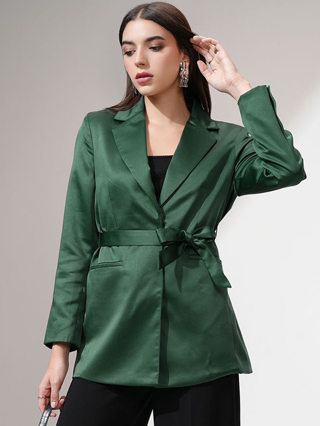 

CHIC BY TOKYO TALKIES Satin Notched Lapel Single-Breasted Tie-Up Blazer, Green