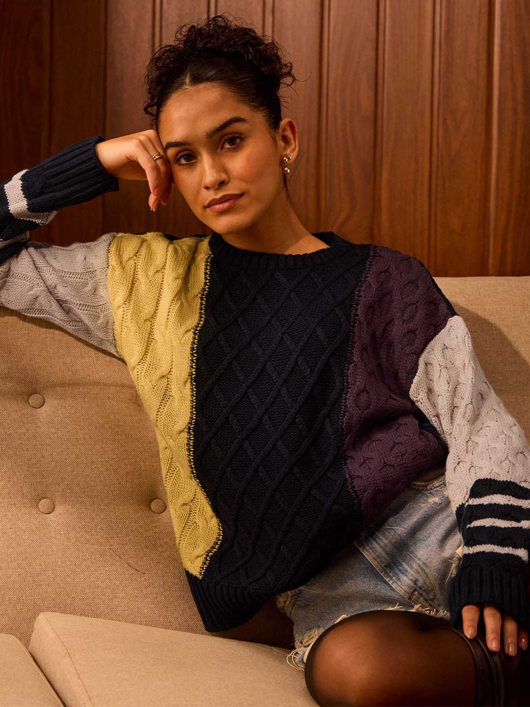 

The Souled Store Women Colourblocked Knitted Pullover Sweater, Yellow