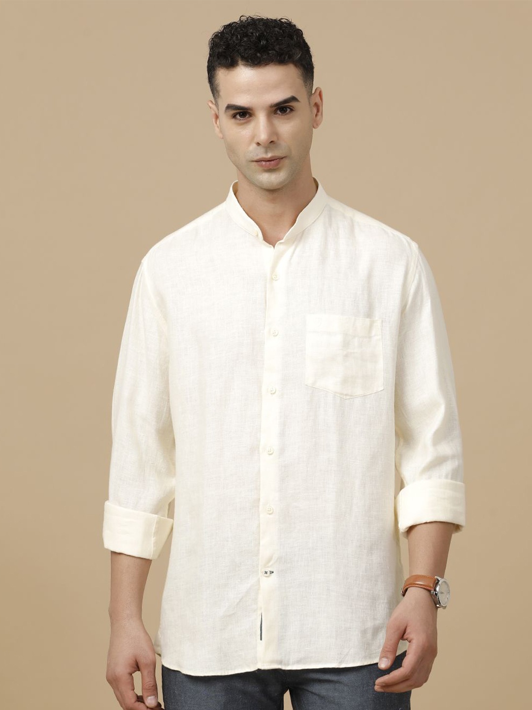 

Linen Club Contemporary Slim Fit Mandarin Collar Linen Cotton Casual Shirt, White
