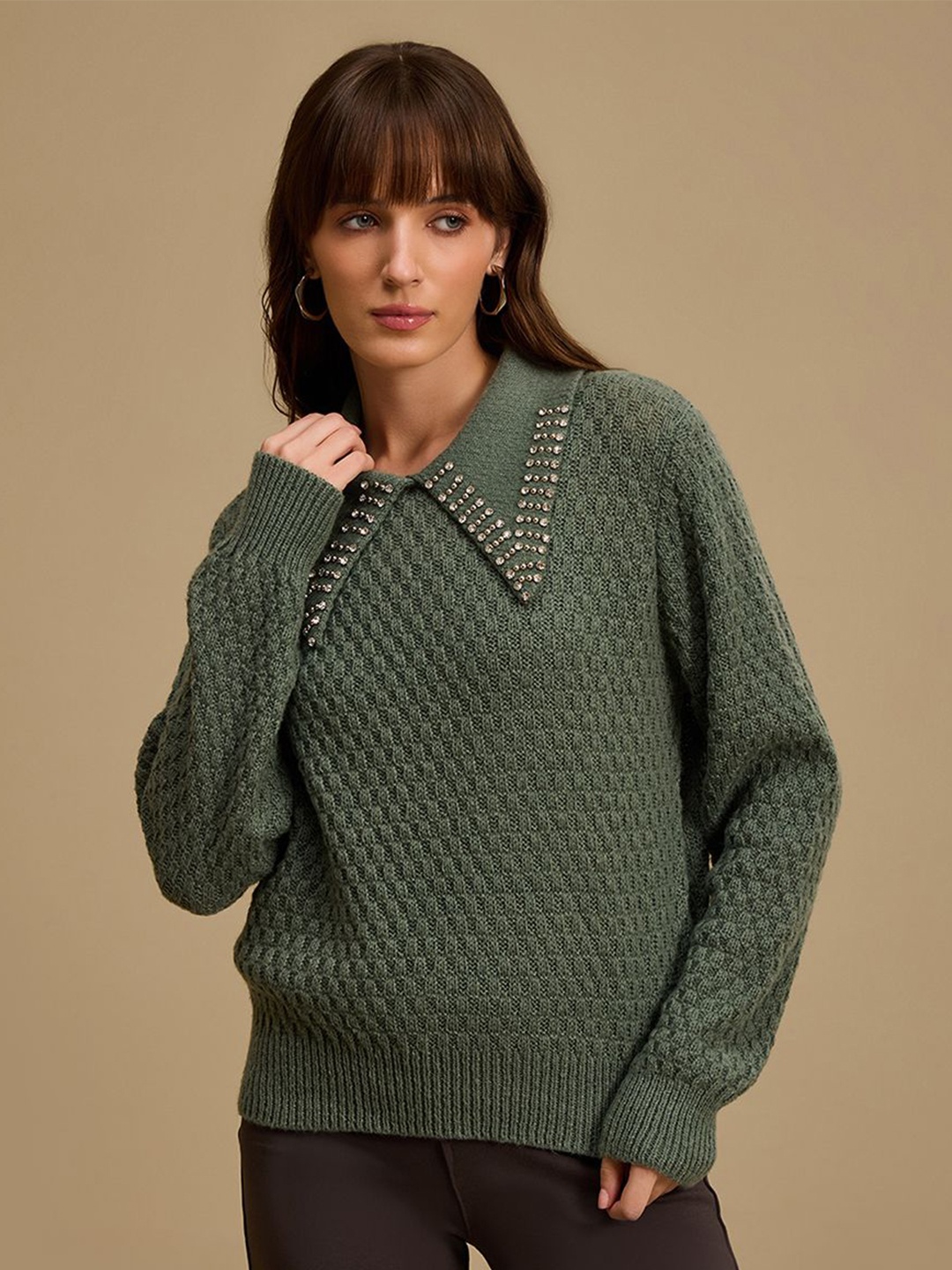 

Kazo Women Embellished Pullover Sweater, Green