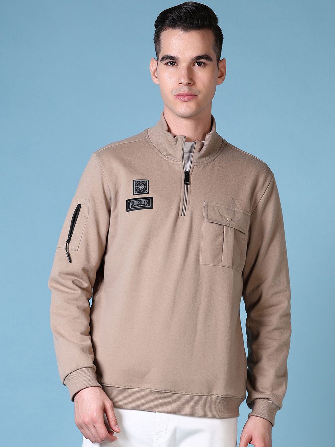 

V-Mart Men Mock Neck Cotton Sweatshirt, Khaki