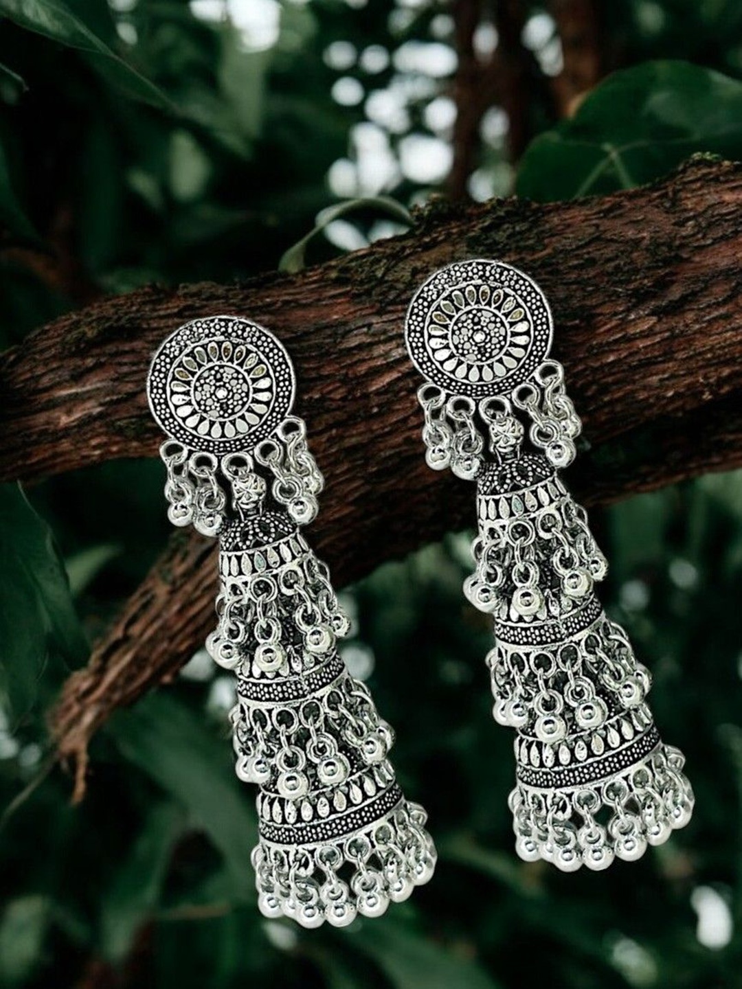 

FEMMIBELLA Silver-Plated Beaded Dome Shaped Oxidized Layered Jhumkas