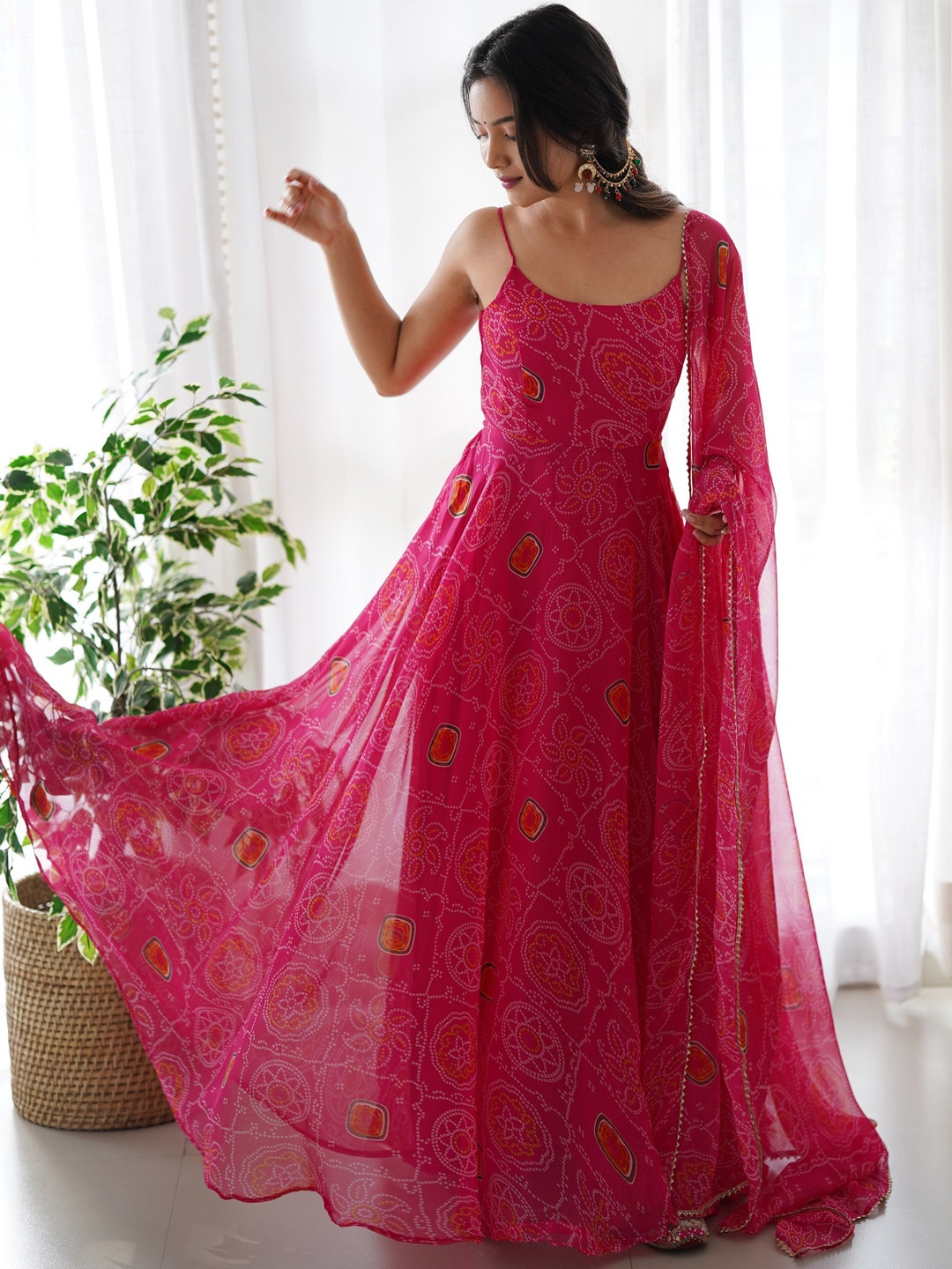 

KALINI Bandhani Printed Anarkali Kurta with Trousers & Dupatta, Pink