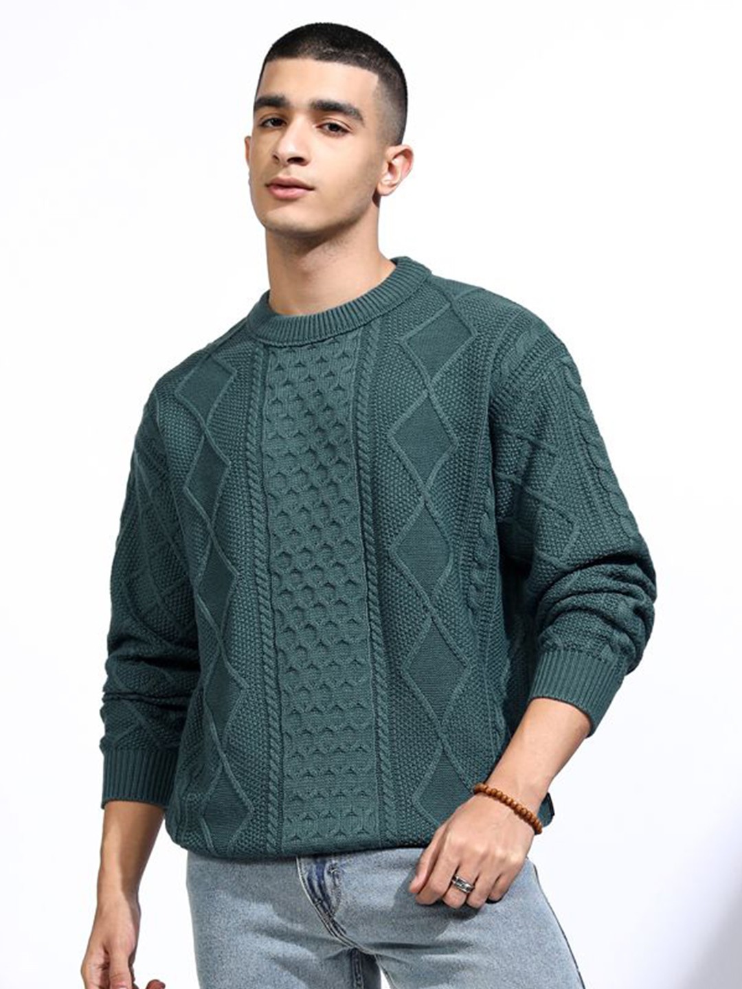 

HIGHLANDER Men Cable Knit Pullover, Turquoise blue