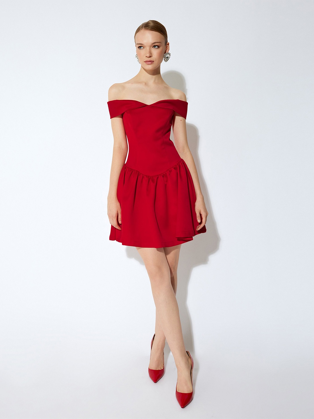 

Koton Off-Shoulder Fit & Flare Mini Dress, Red