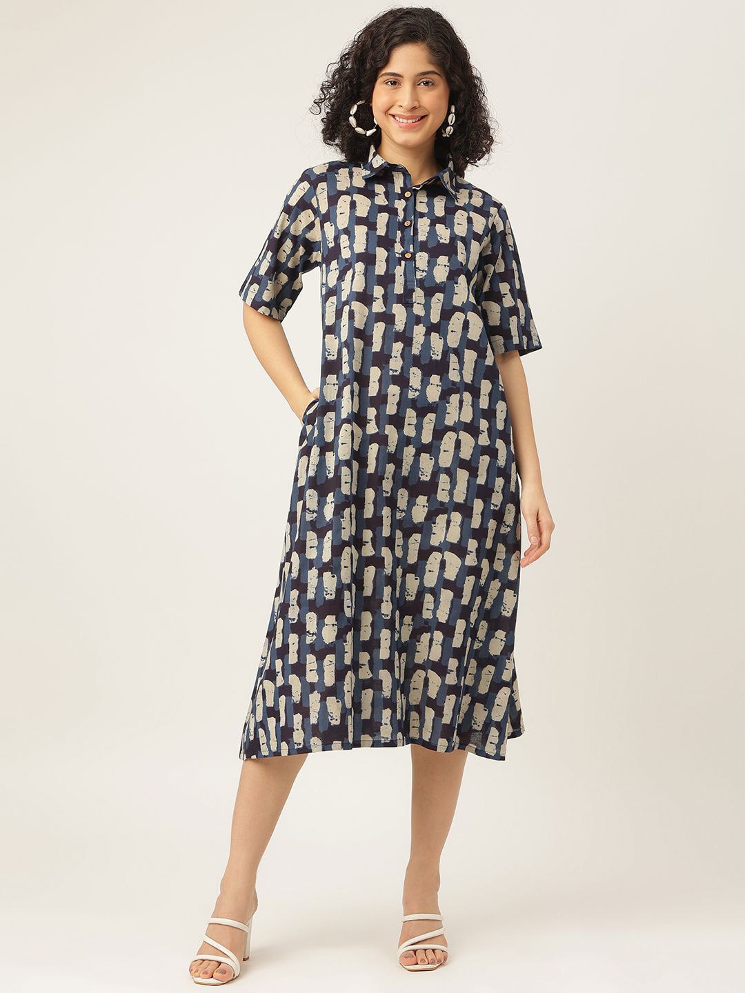 

SPARSA Ethnic Motifs Print A-Line Midi Dress, Blue