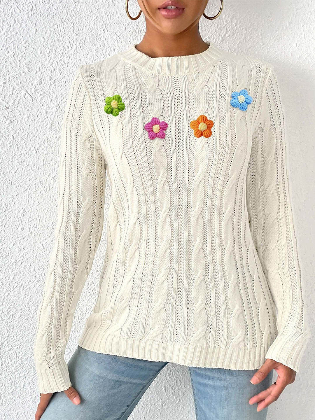 

StyleCast x Revolte Women Floral Embroidered Round Neck Long Sleeves Pullover Sweater, White