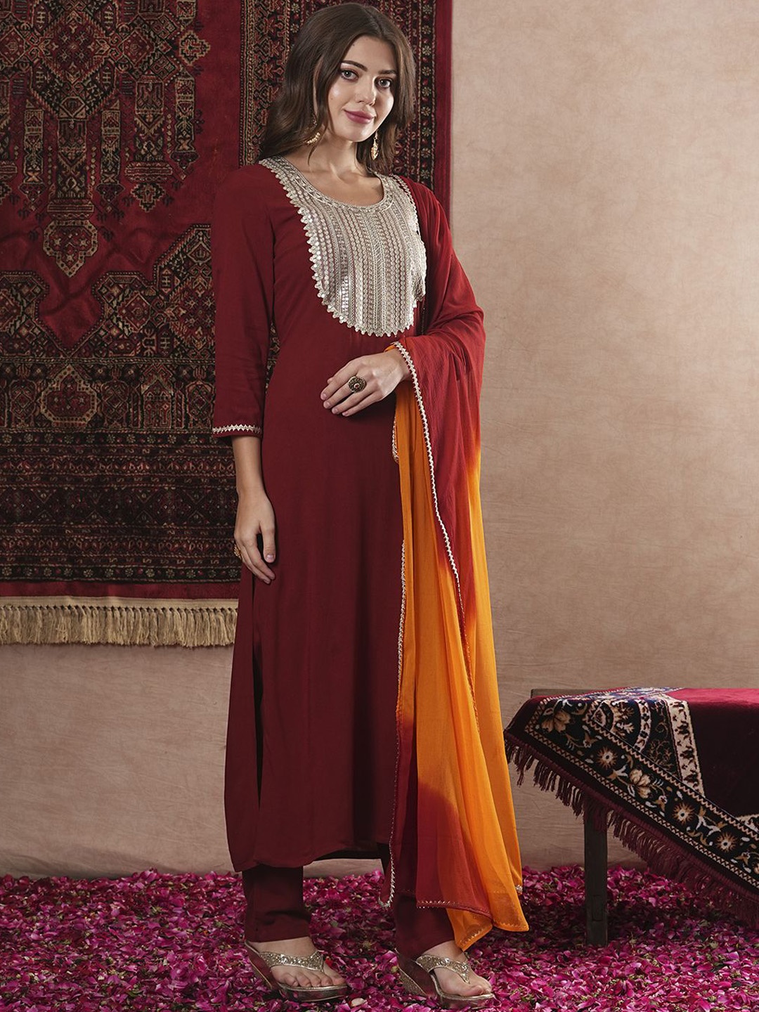 

GoSriKi Ethnic Motifs Yoke Design Sequinned Straight Kurta With Trousers & Dupatta, Maroon