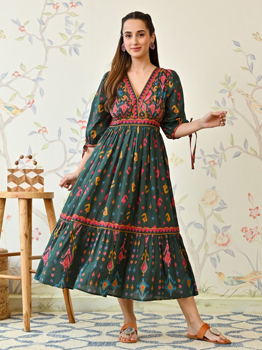 

Rustorange Women Floral Printed Cotton Fit and Flare Midi Dress, Green