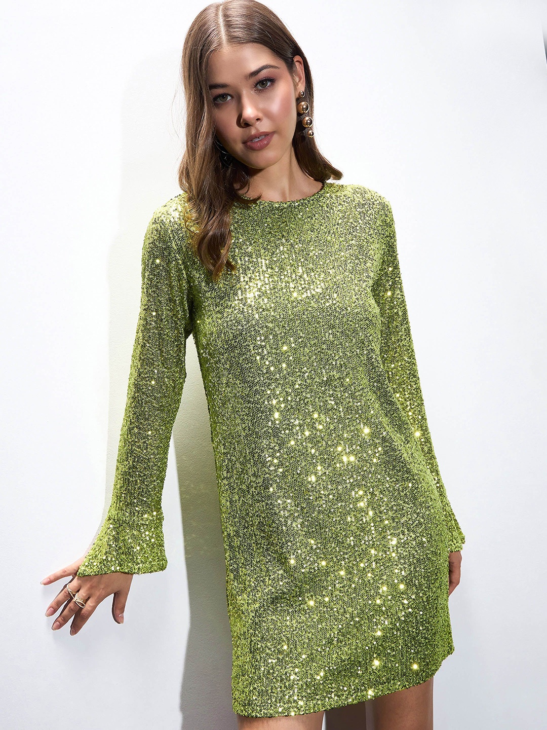 

SASSAFRAS Sequin Embellished Back Cut-Out Short Sheath Dress, Green