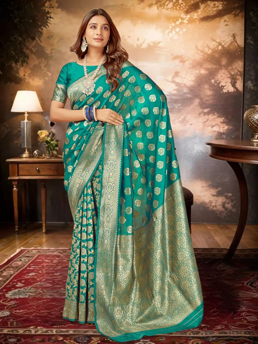 

KALINI Ethnic Motifs Woven Design Zari Pure Silk Banarasi Saree, Green