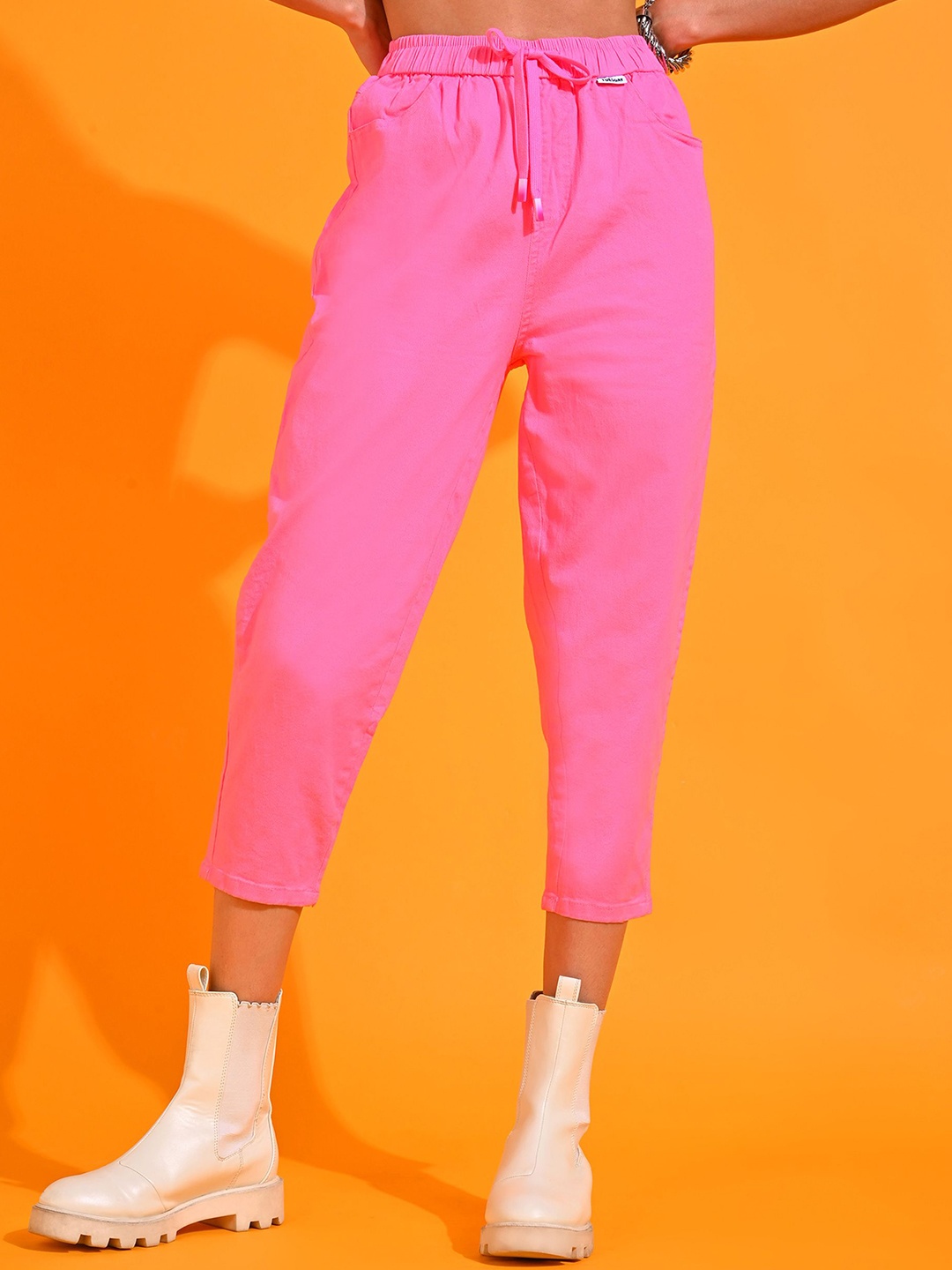 

SHECZZAR Women Smart Loose Fit Mid-Rise Cotton Joggers Trousers, Pink