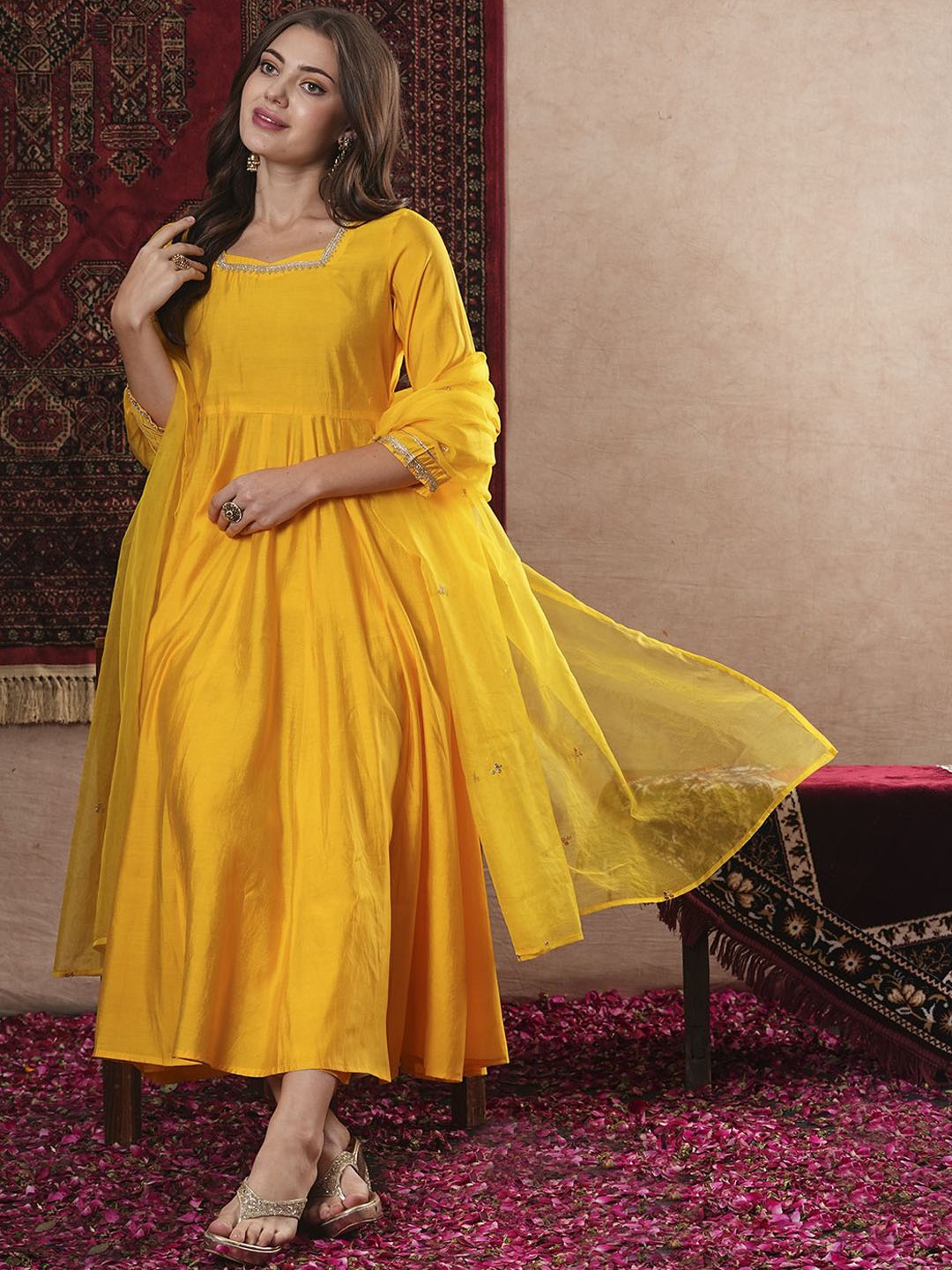 

Anni Designer Round Neck Gotta Patti Regular Anarkali Kurta with Trousers & Dupatta, Yellow