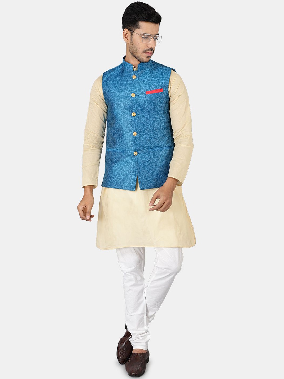 

Wintage Mandarin Collar Cotton Silk Straight Kurta with Pyjamas & Nehru Jacket, Gold
