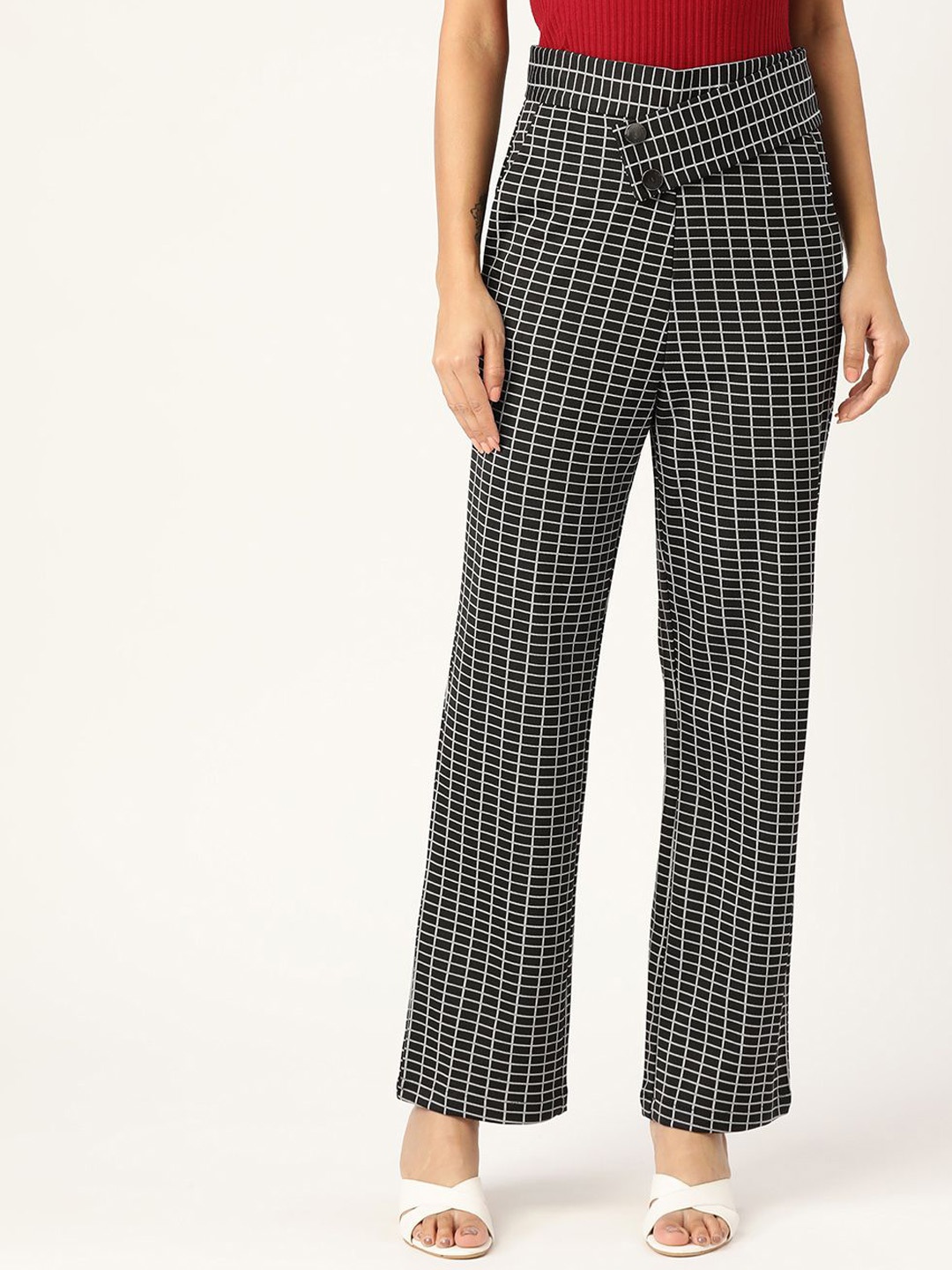 

Zastraa Women Checked High-Rise Regular Fit Parallel Trousers, Black