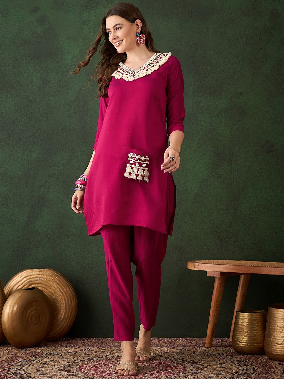 

Sangria Maroon V-Neck Three-Quarter Sleeves Mirror Work Roman Silk Kurta With Trouser