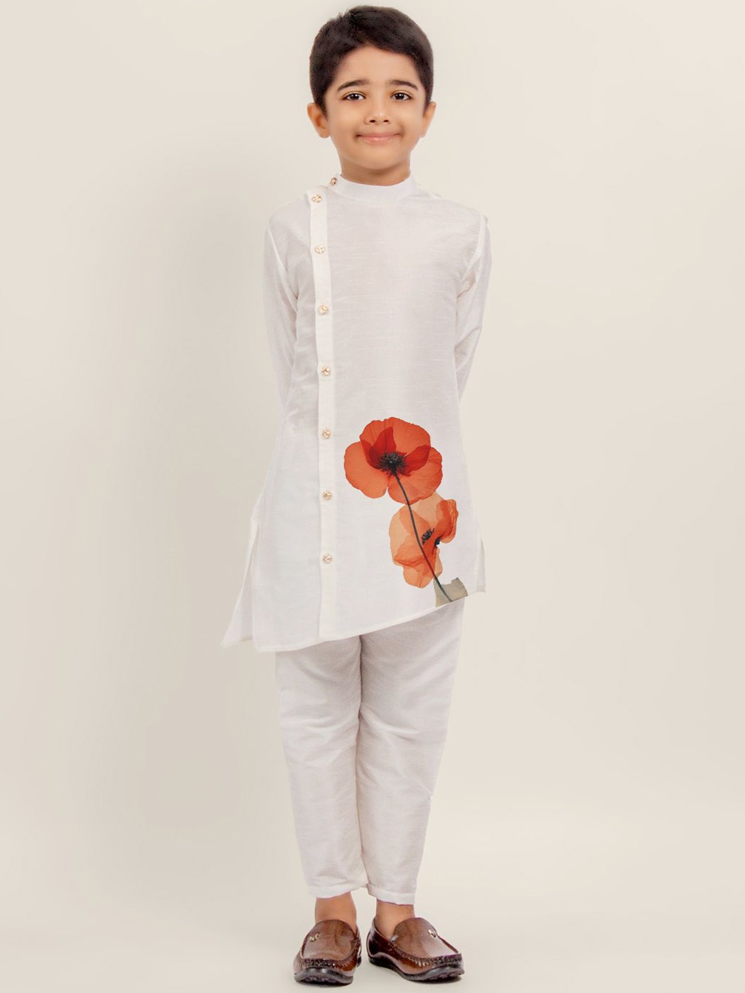 

DEVOILER Boys Floral Printed Kurta With Pyjamas, White