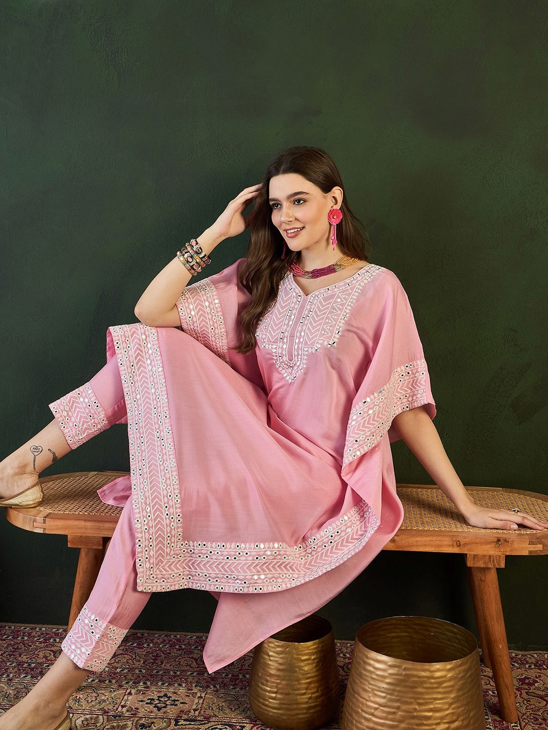 

Sangria Pink Geometric Embroidered Mirror Work Roman Silk Kurta With Trouser