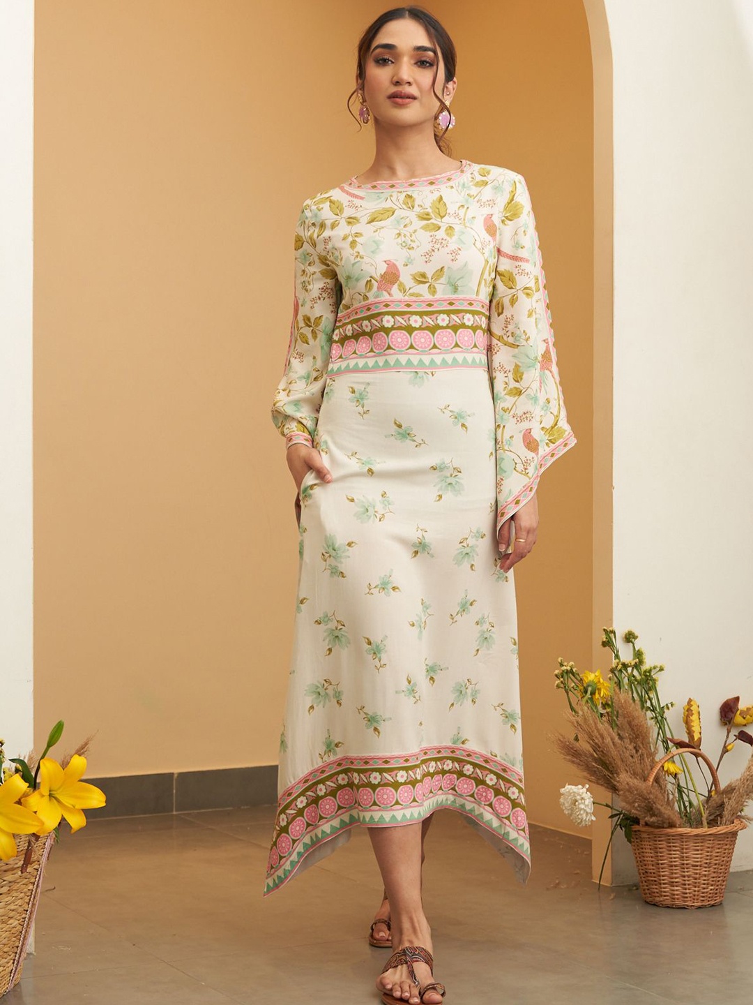 

Rustorange Women Floral Print A-Line Midi Dress, White
