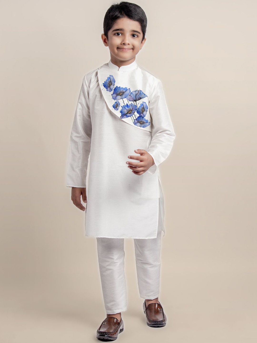 

DEVOILER Boys Floral Printed Kurta with Pyjamas, White