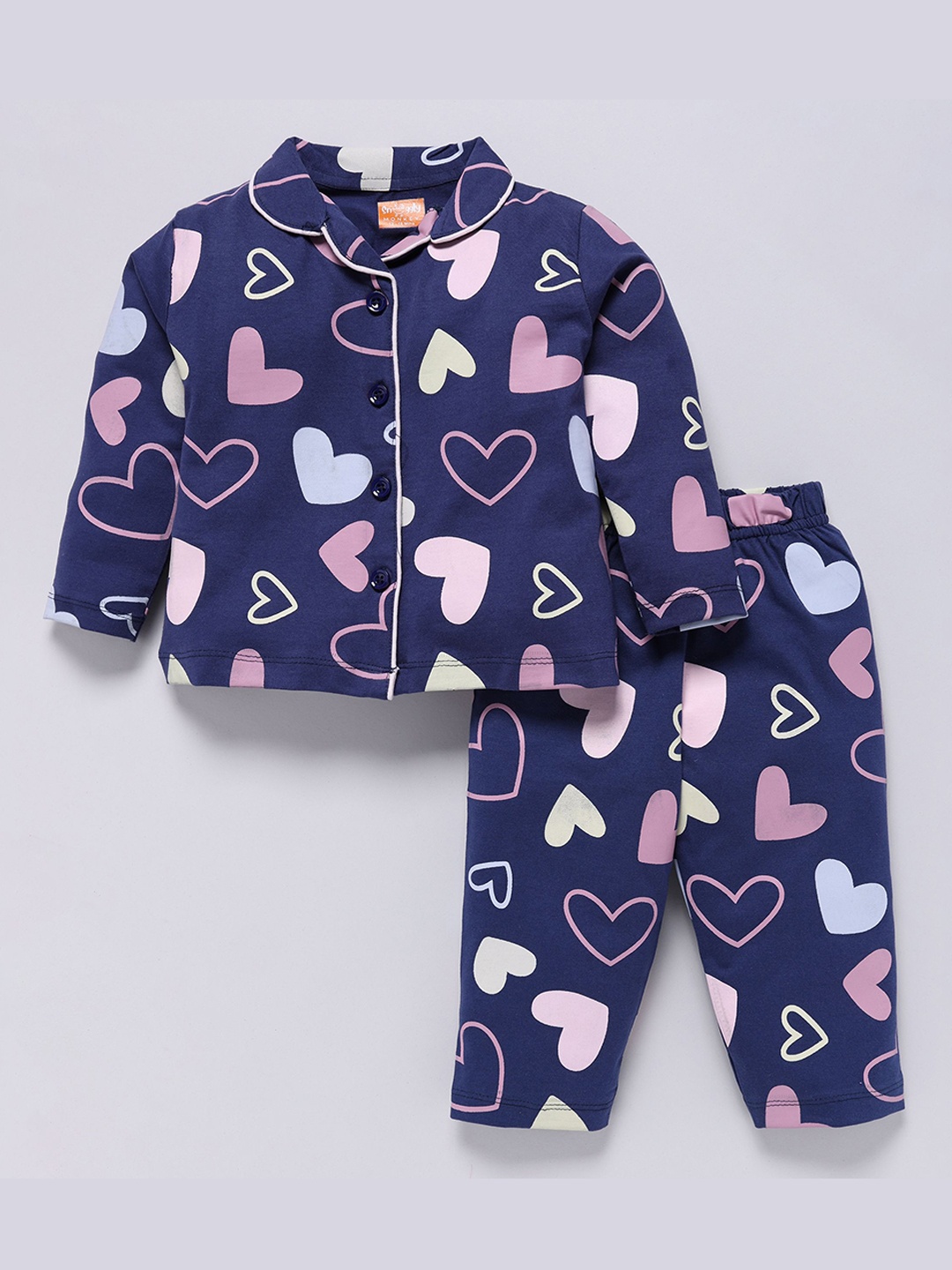

SNUGGLY MONKEY Girls Printed Lapel Collar Night suit, Navy blue