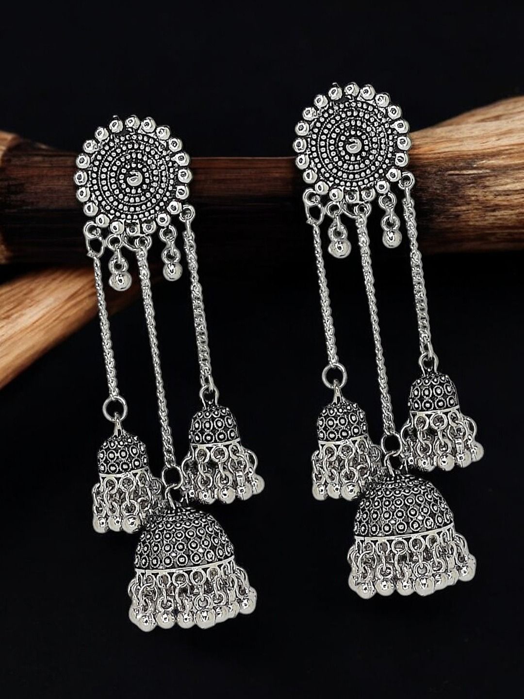 

FEMMIBELLA Silver-Plated Dome Shaped Stone Studded & Beaded Oxidized Drop Earrings