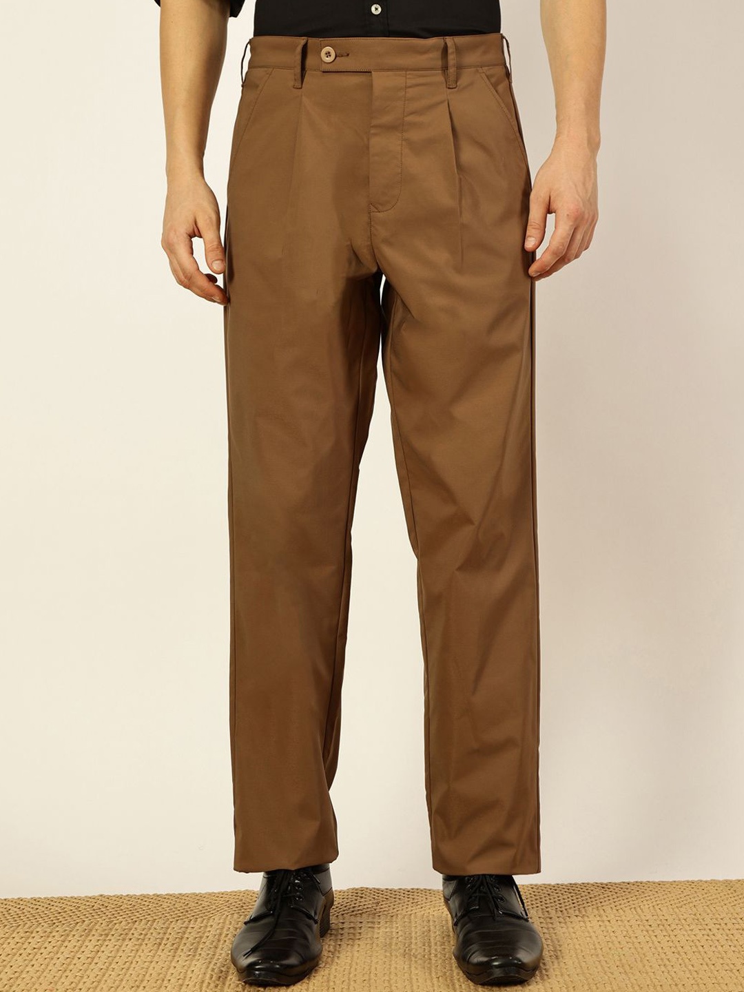 

Thomas Scott Men Regular Fit Smart Korean Pleated Parallel Trousers, Brown