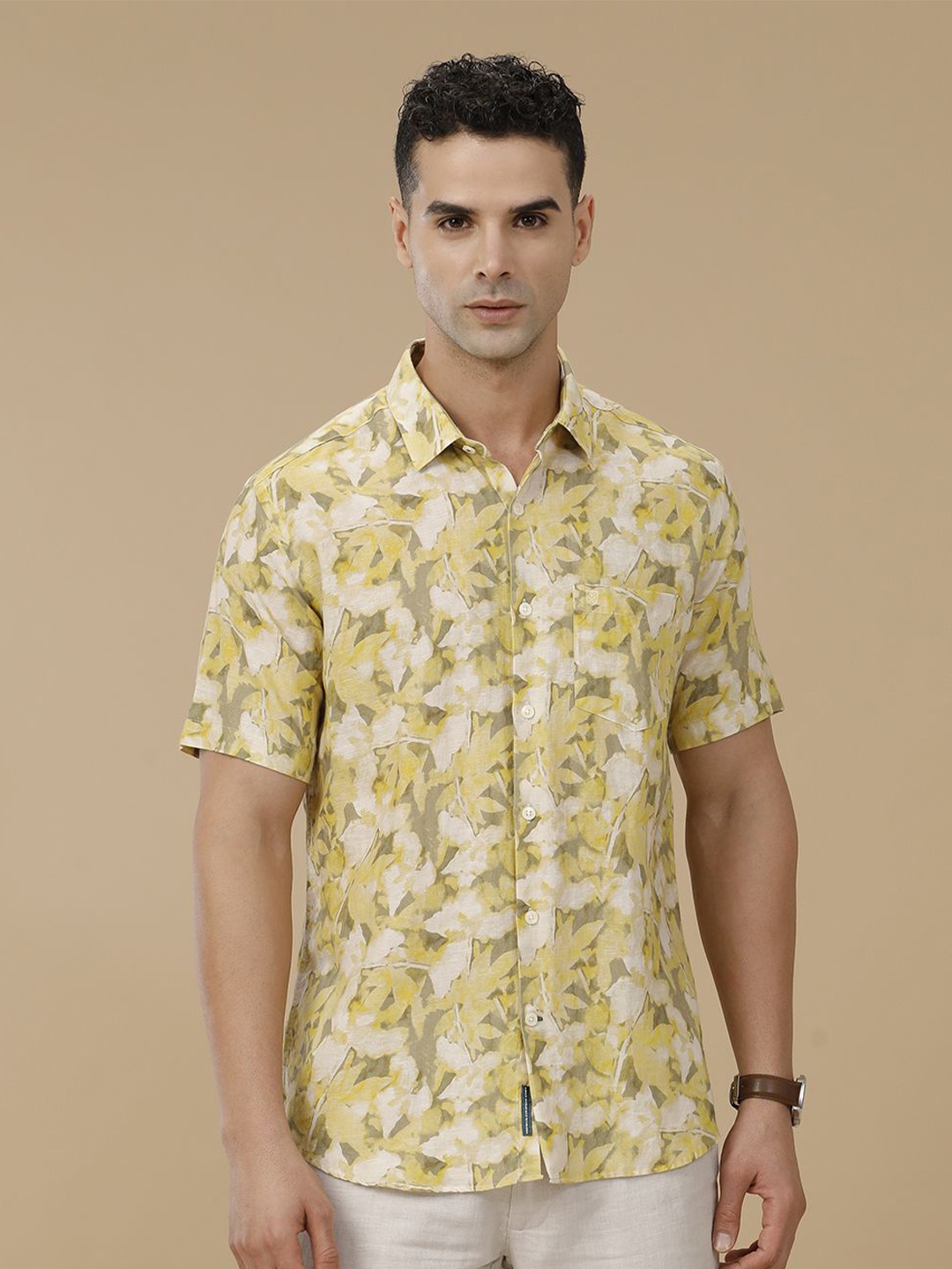 

Linen Club Floral Printed Linen Contemporary Slim Fit Casual Shirt, Yellow