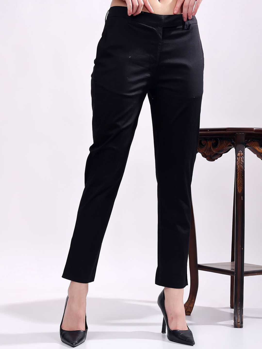 

T TRYON ULTIMATE Women Pure Cotton Mid Rise Formal Trousers, Black