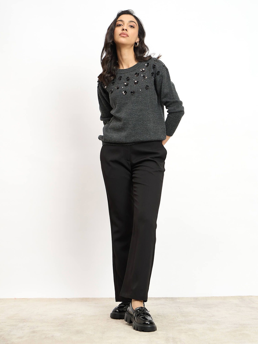

SALT ATTIRE Women Woollen Pullover with Embellished Detail Sweater, Grey