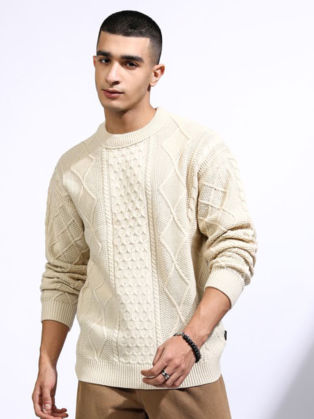 HIGHLANDER Men Cable Knit Pullover Sweaters, Cream