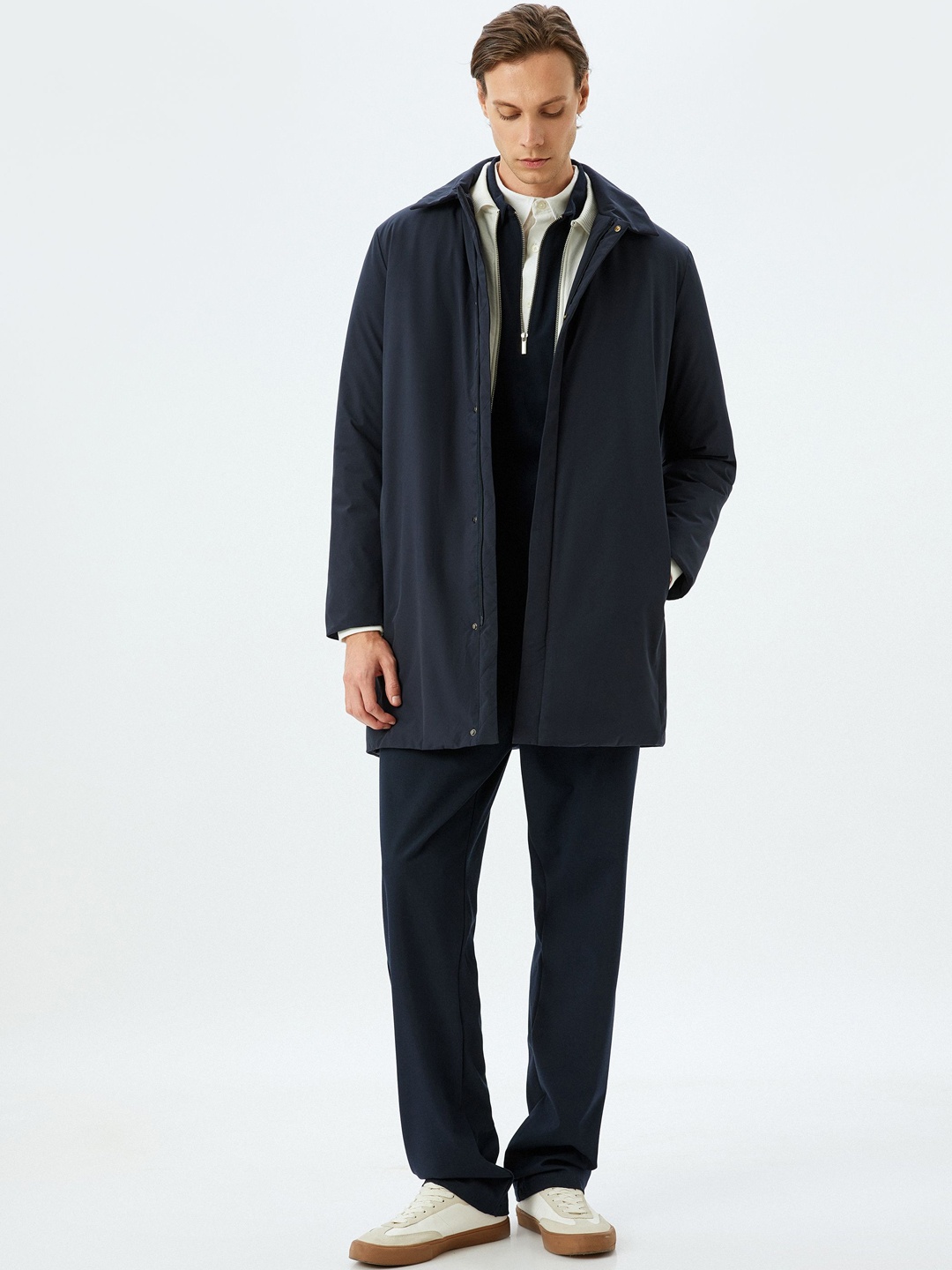 

Koton Men Spread Collar Single-Breasted Long Sleeves Overcoat, Navy blue