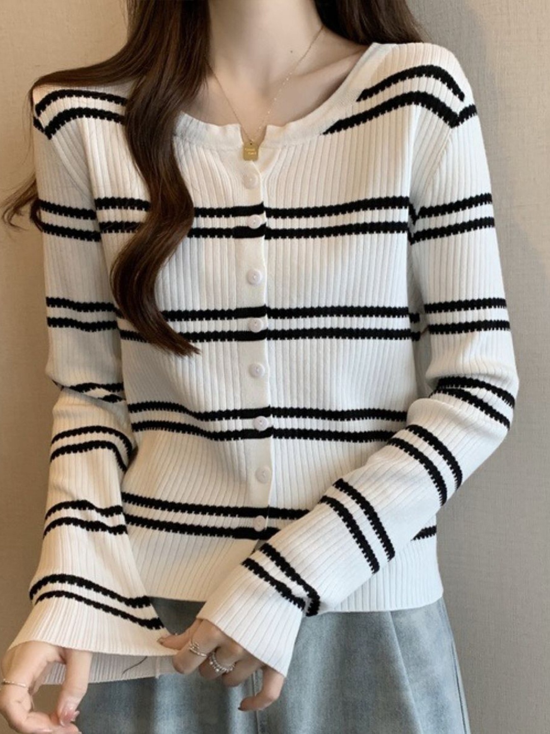 

StyleCast Women Striped Round Neck Cardigan, White