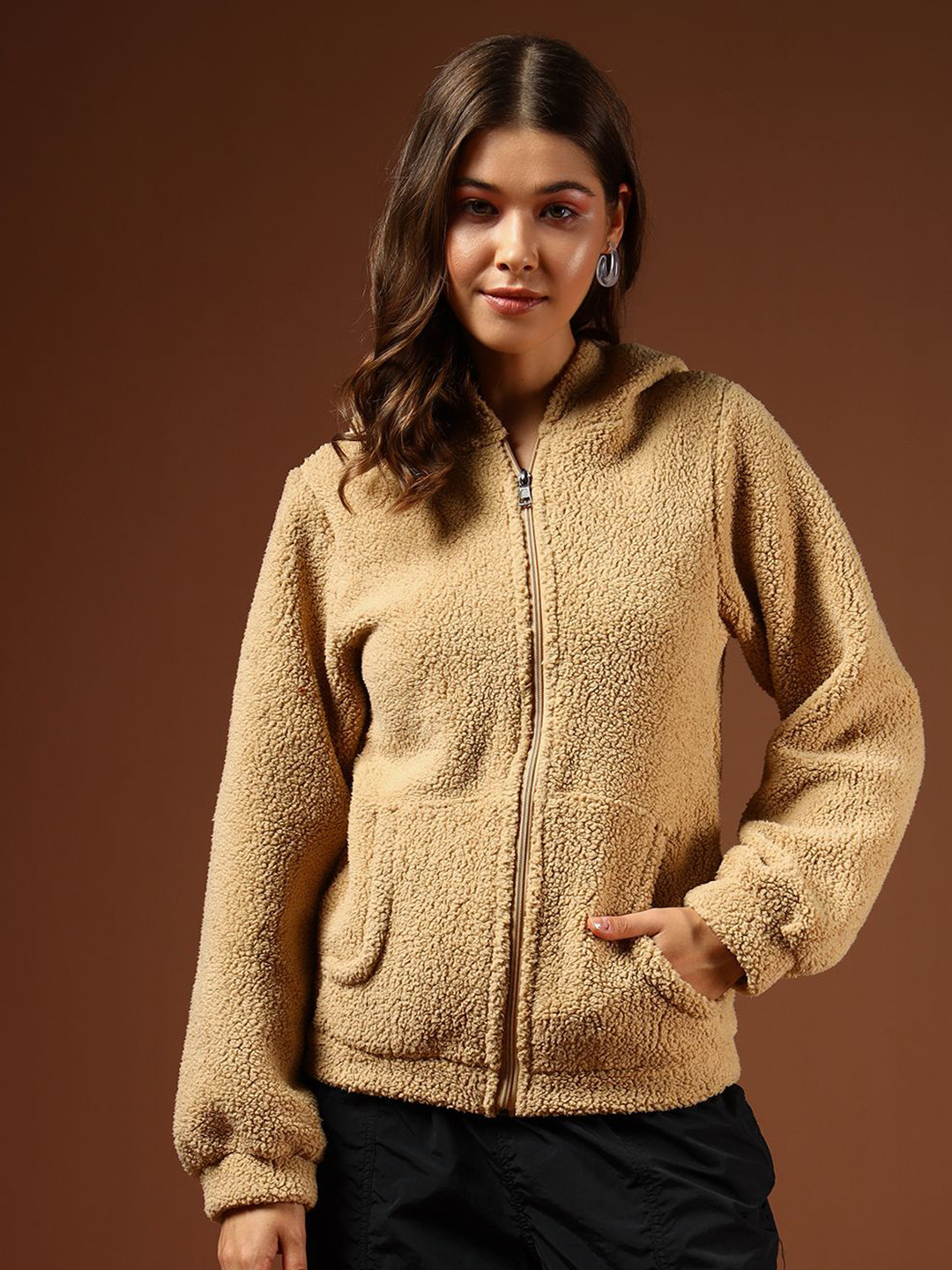 

The Dry State Women Fur Hoodie Front-Open Sweaters, Camel brown