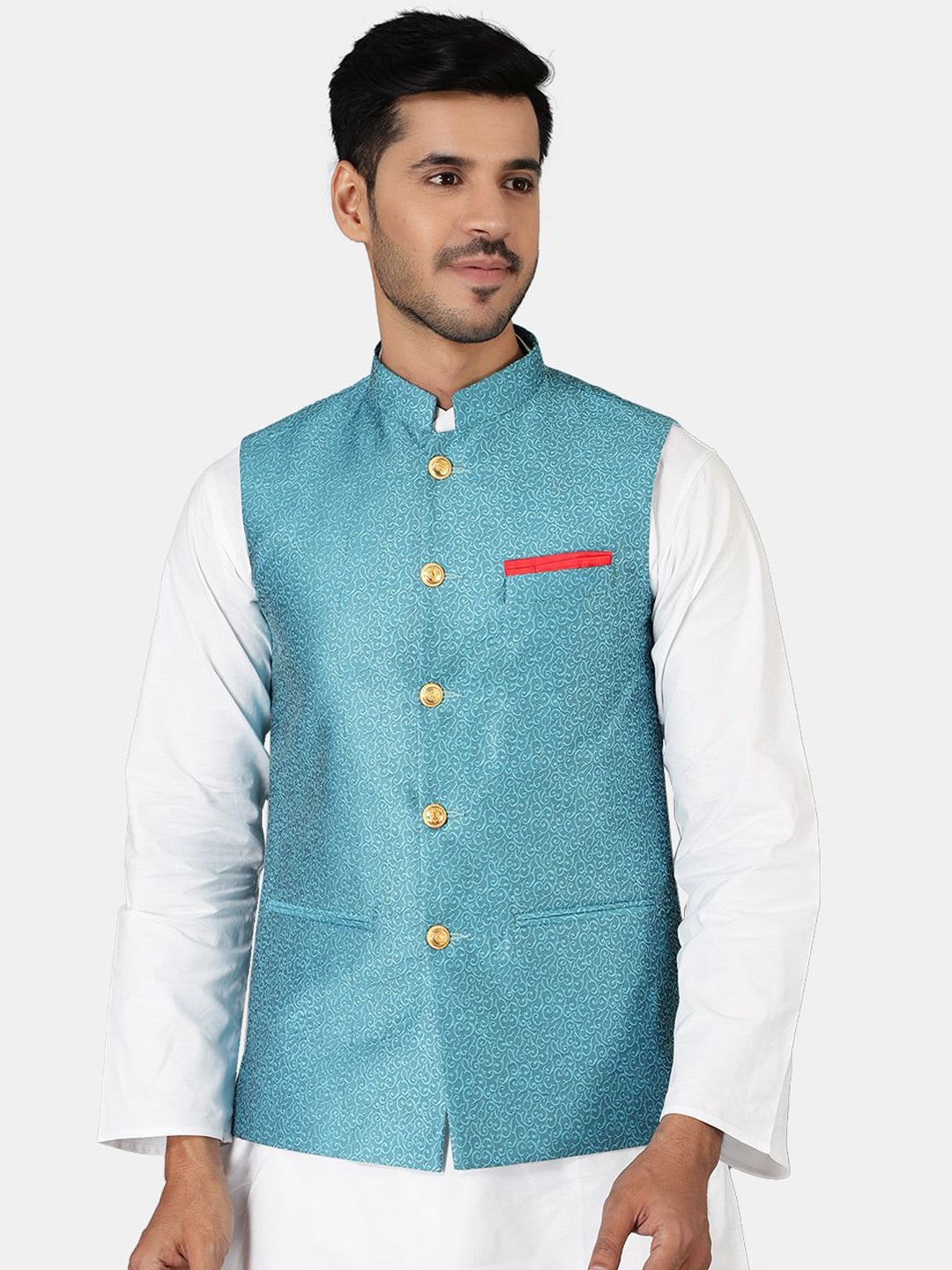 

Wintage Mandarin Collar Straight Kurta with Pyjamas, White