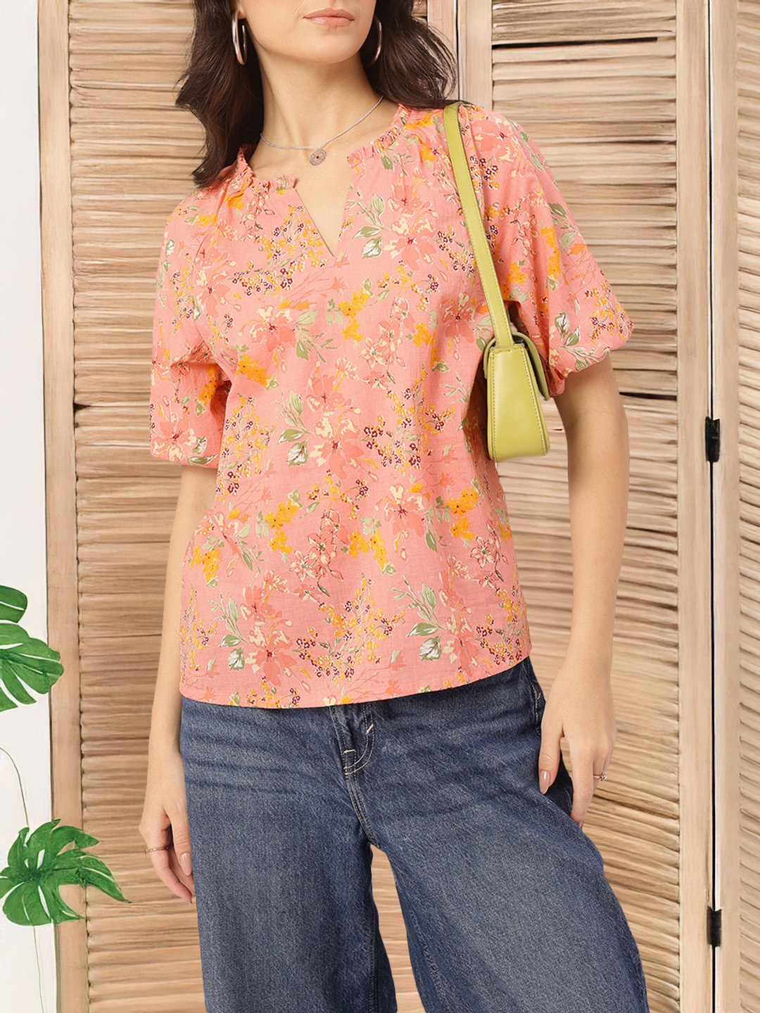 

DressBerry Dainty Florals Puff Sleeves Top, Peach