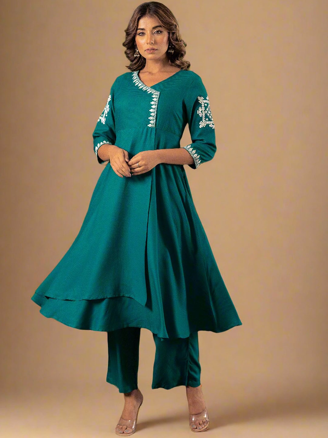 

HERE&NOW Ethnic Motifs Embroidered Regular Mirror Work Kurta With Palazzo, Green