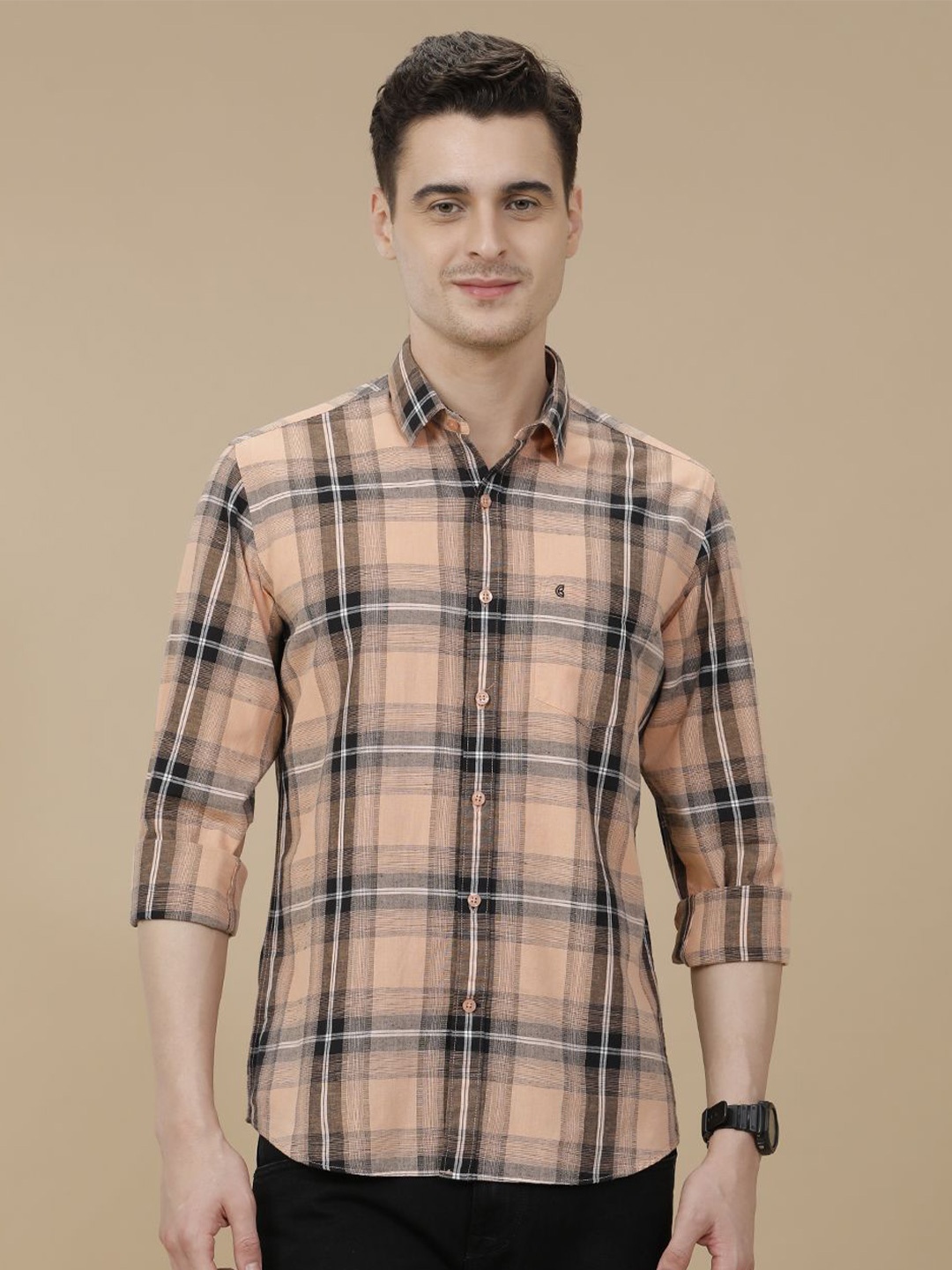 

CAVALLO by Linen Club Contemporary Slim Fit Checked Casual Shirt, Pink