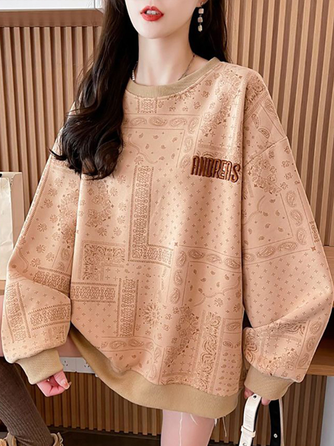 

StyleCast x Revolte Women Printed Round Neck Pullover Cotton Sweatshirt, Coffee brown