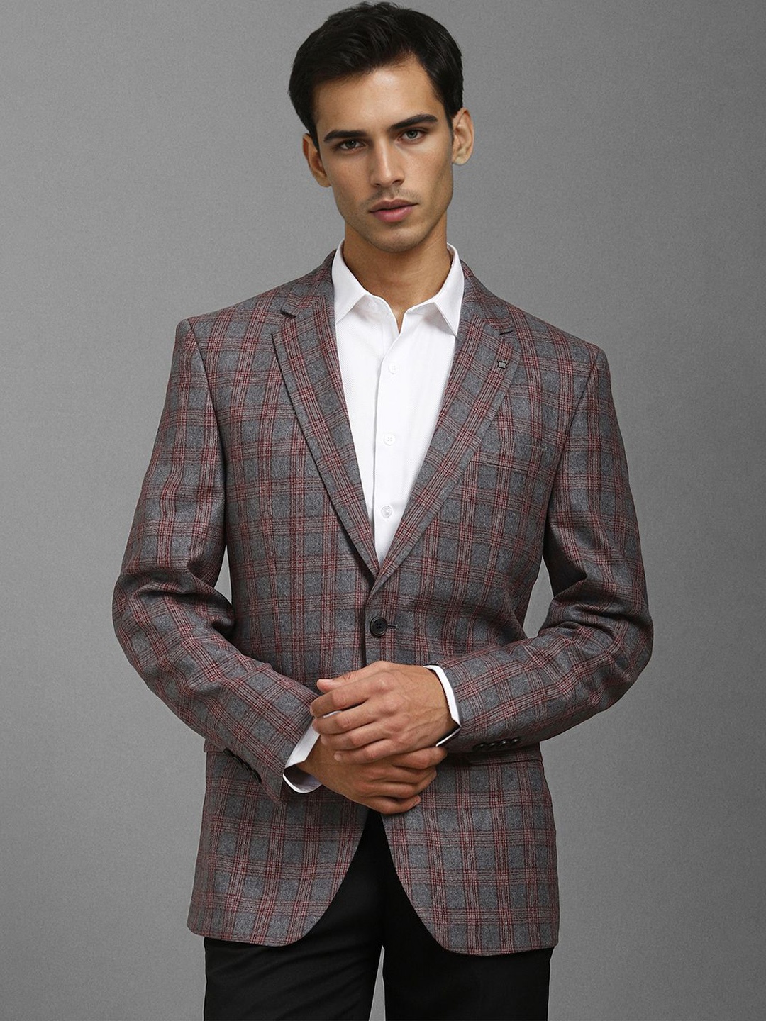 

Louis Philippe Checked Notched Lapel Single-Breasted Formal Blazer, Grey